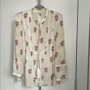 ALC Cream Blouse Tie Front Mandarin Collar